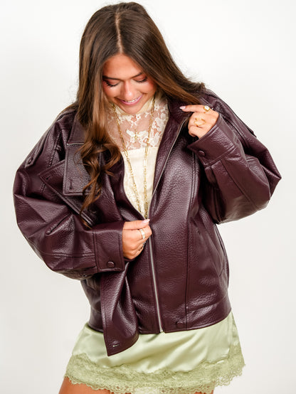 Long Sleeve Vegan Leather Mock Neck Bomber Jacket