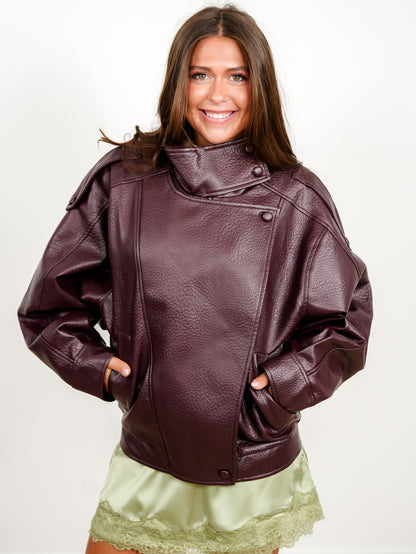 Long Sleeve Vegan Leather Mock Neck Bomber Jacket