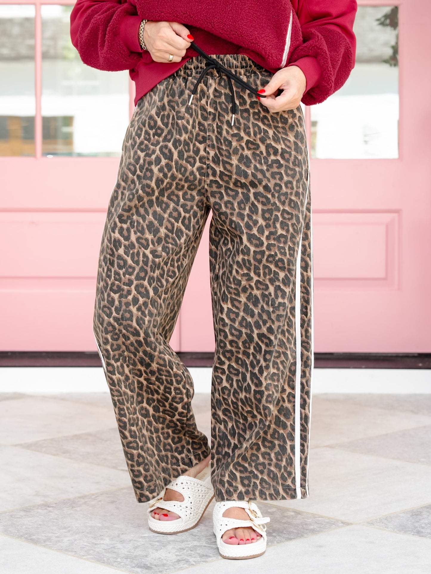 Plus/Reg Leopard Print Elastic Waist Pants with Side Stripe