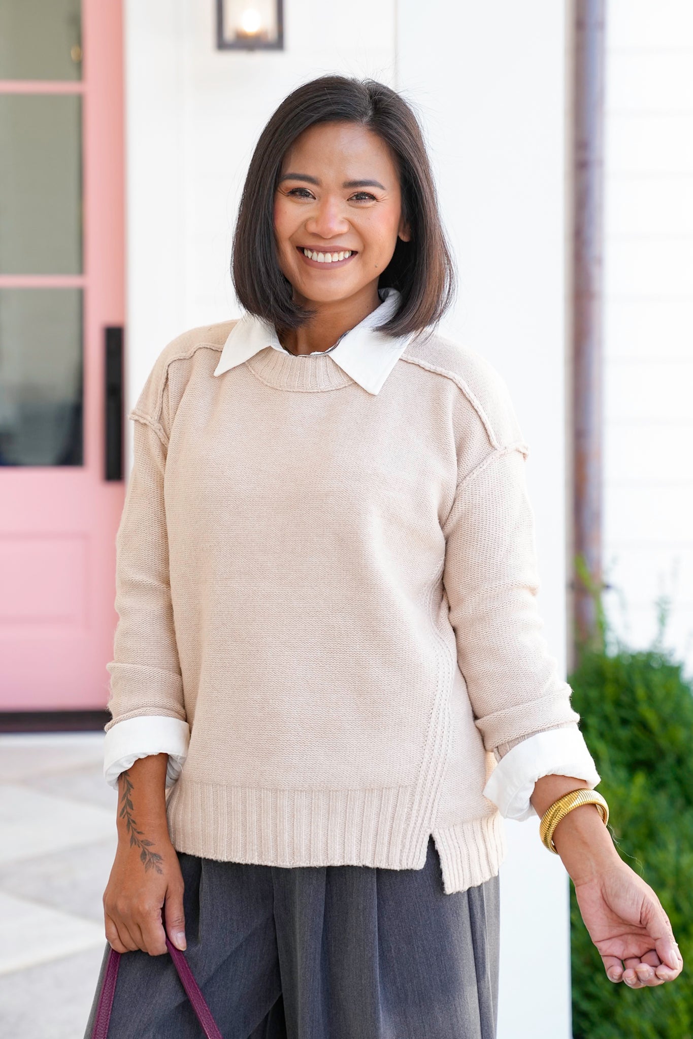 Long Sleeve Pullover Sweater with Reverse Seams