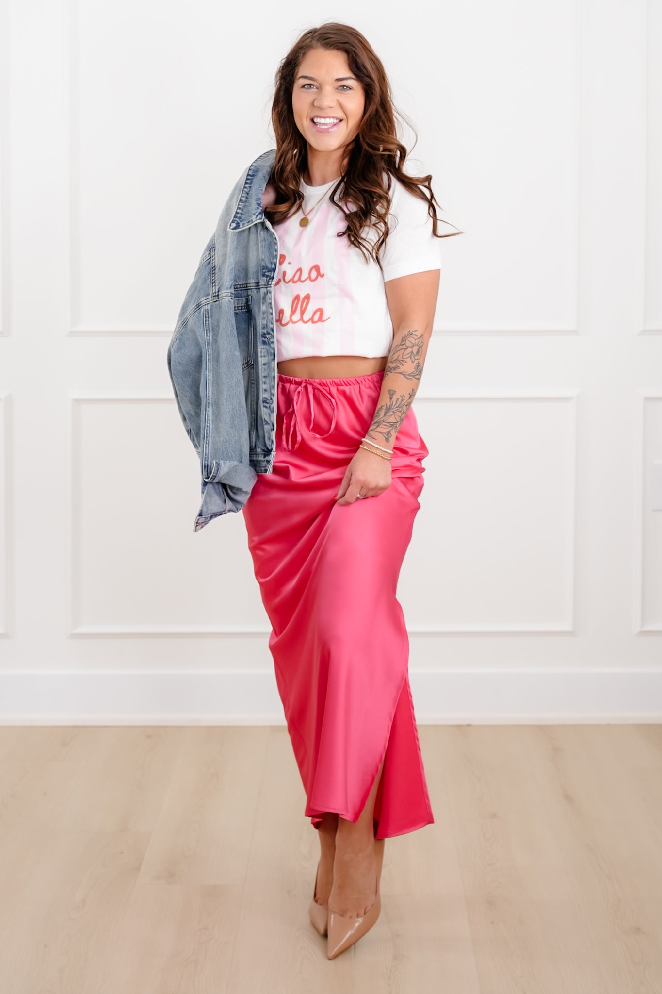 Satin Elastic Waist Midi Skirt with Side Slit