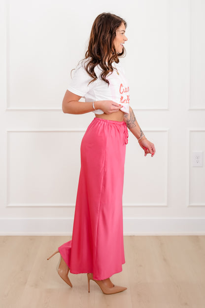 Satin Elastic Waist Midi Skirt with Side Slit