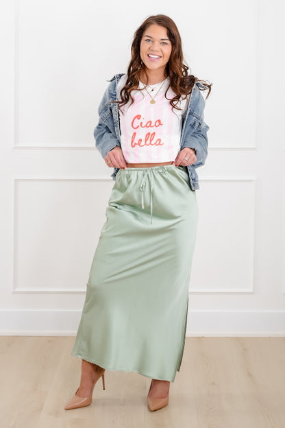 Satin Elastic Waist Midi Skirt with Side Slit