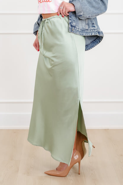 Satin Elastic Waist Midi Skirt with Side Slit