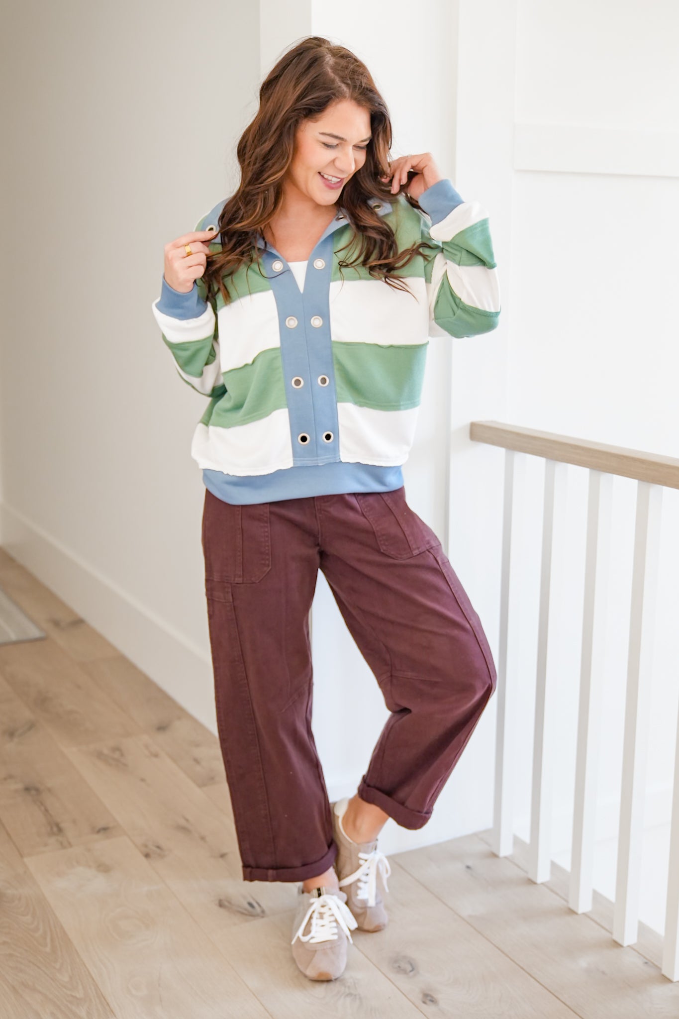 Wide Stripe Long Sleeve Top with Eyelet Accent