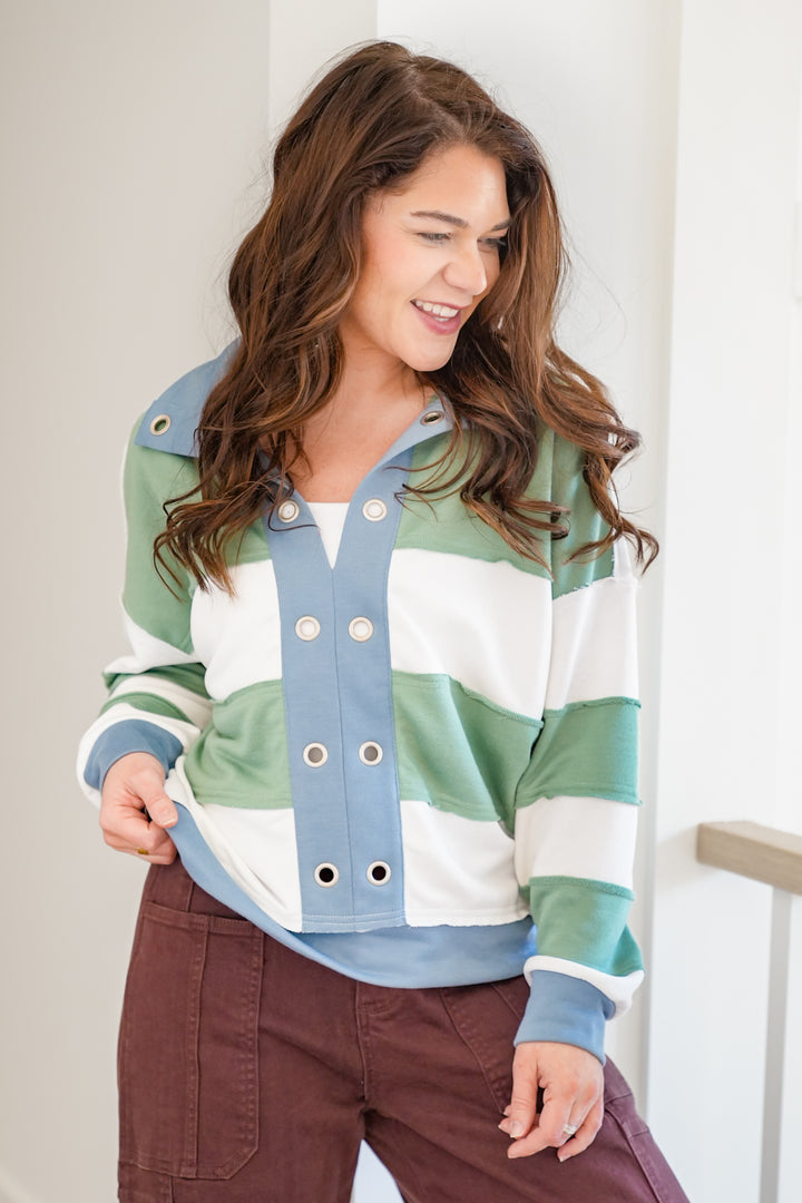 Wide Stripe Long Sleeve Top with Eyelet Accent
