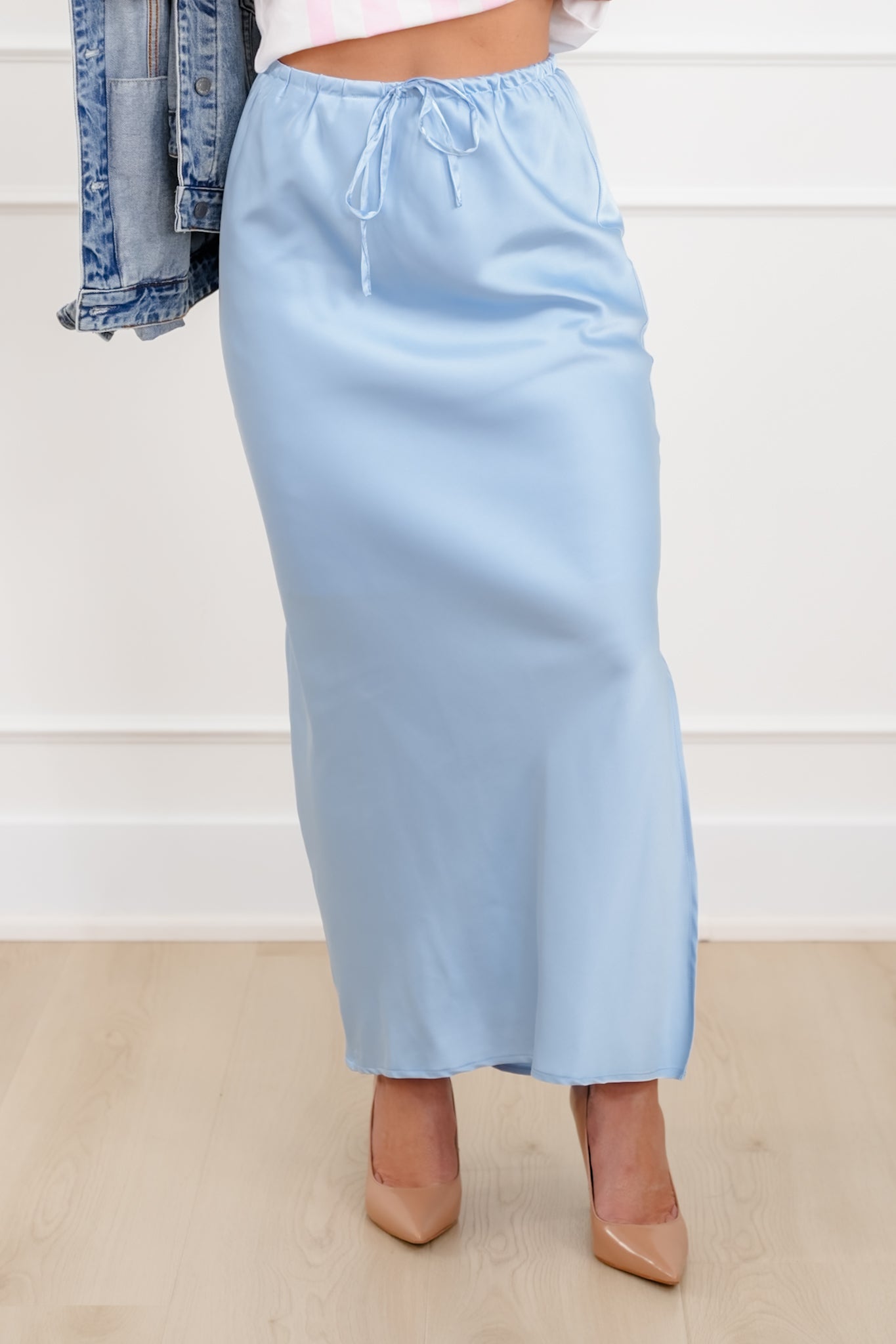 Satin Elastic Waist Midi Skirt with Side Slit