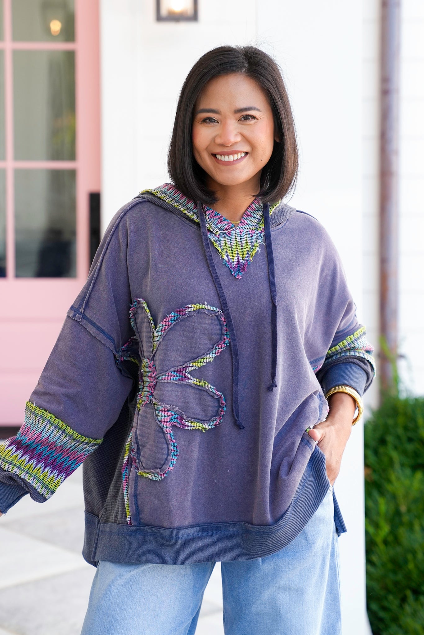 Washed Long Sleeve Hoodie with Daisy Patch