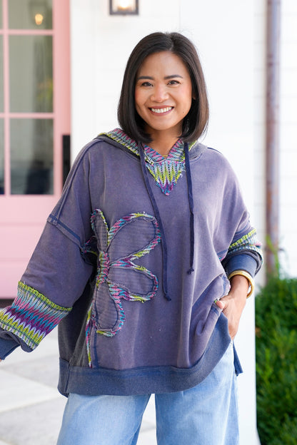 Washed Long Sleeve Hoodie with Daisy Patch