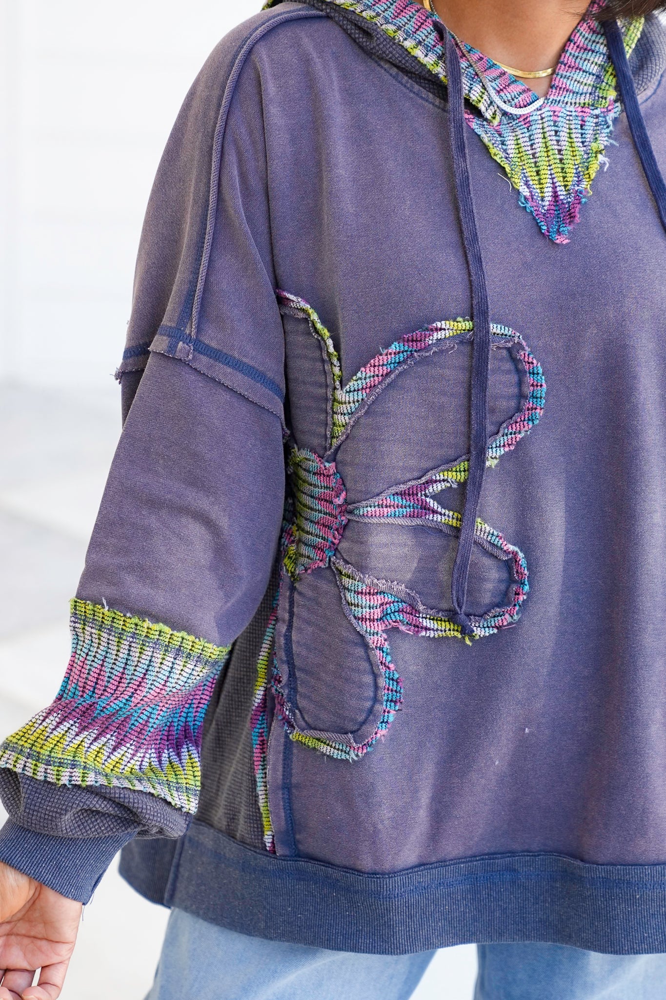 Washed Long Sleeve Hoodie with Daisy Patch