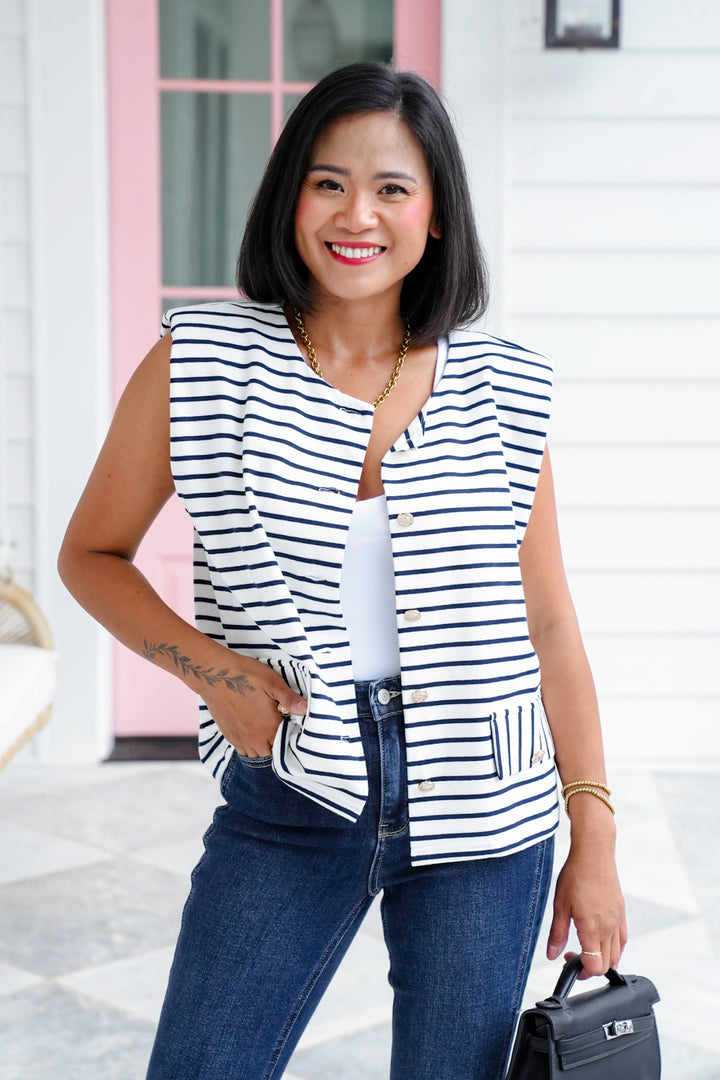 Stripe Sleeveless Button Down Vest