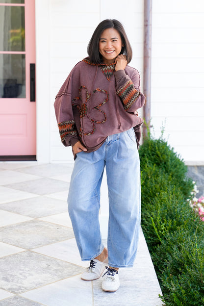 Washed Long Sleeve Hoodie with Daisy Patch