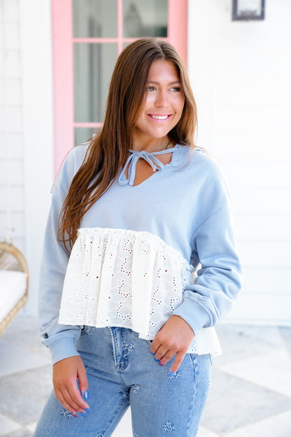 Long Sleeve Pullover Hoodie Top with Eyelet Ruffle Detail