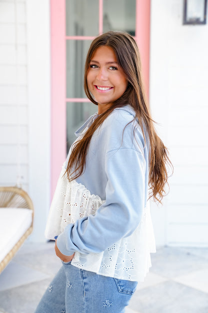 Long Sleeve Pullover Hoodie Top with Eyelet Ruffle Detail