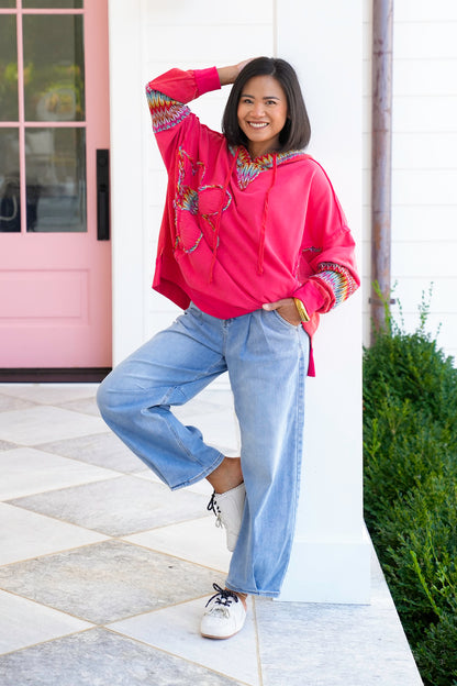 Washed Long Sleeve Hoodie with Daisy Patch
