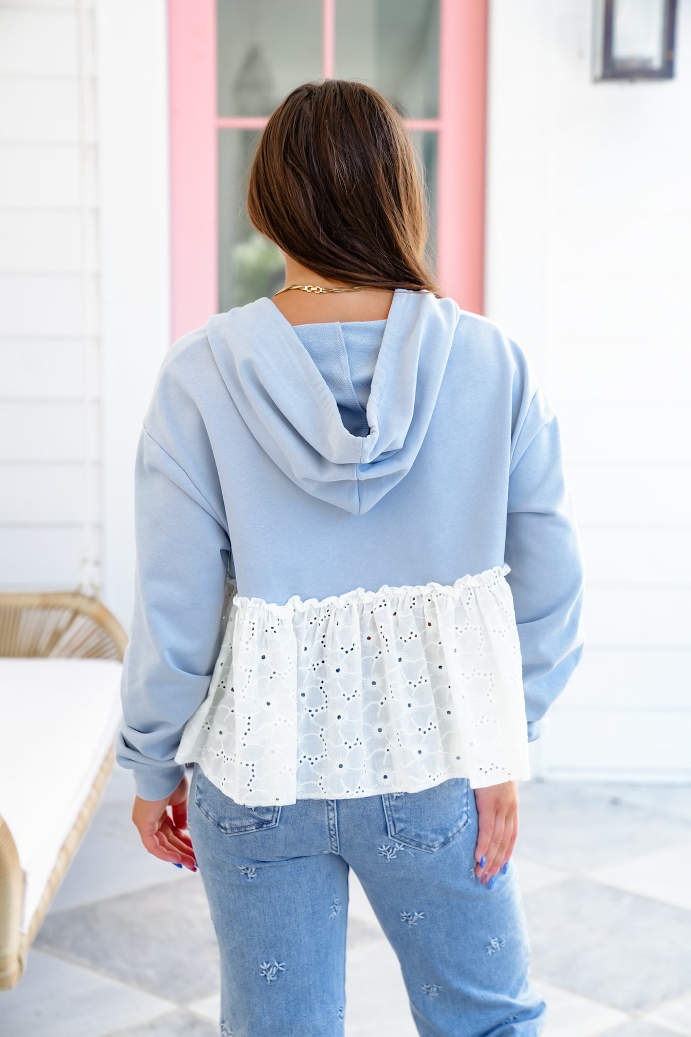 Long Sleeve Pullover Hoodie Top with Eyelet Ruffle Detail
