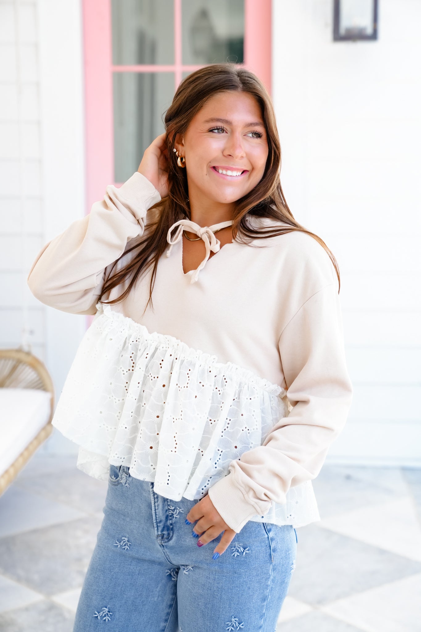 Long Sleeve Pullover Hoodie Top with Eyelet Ruffle Detail