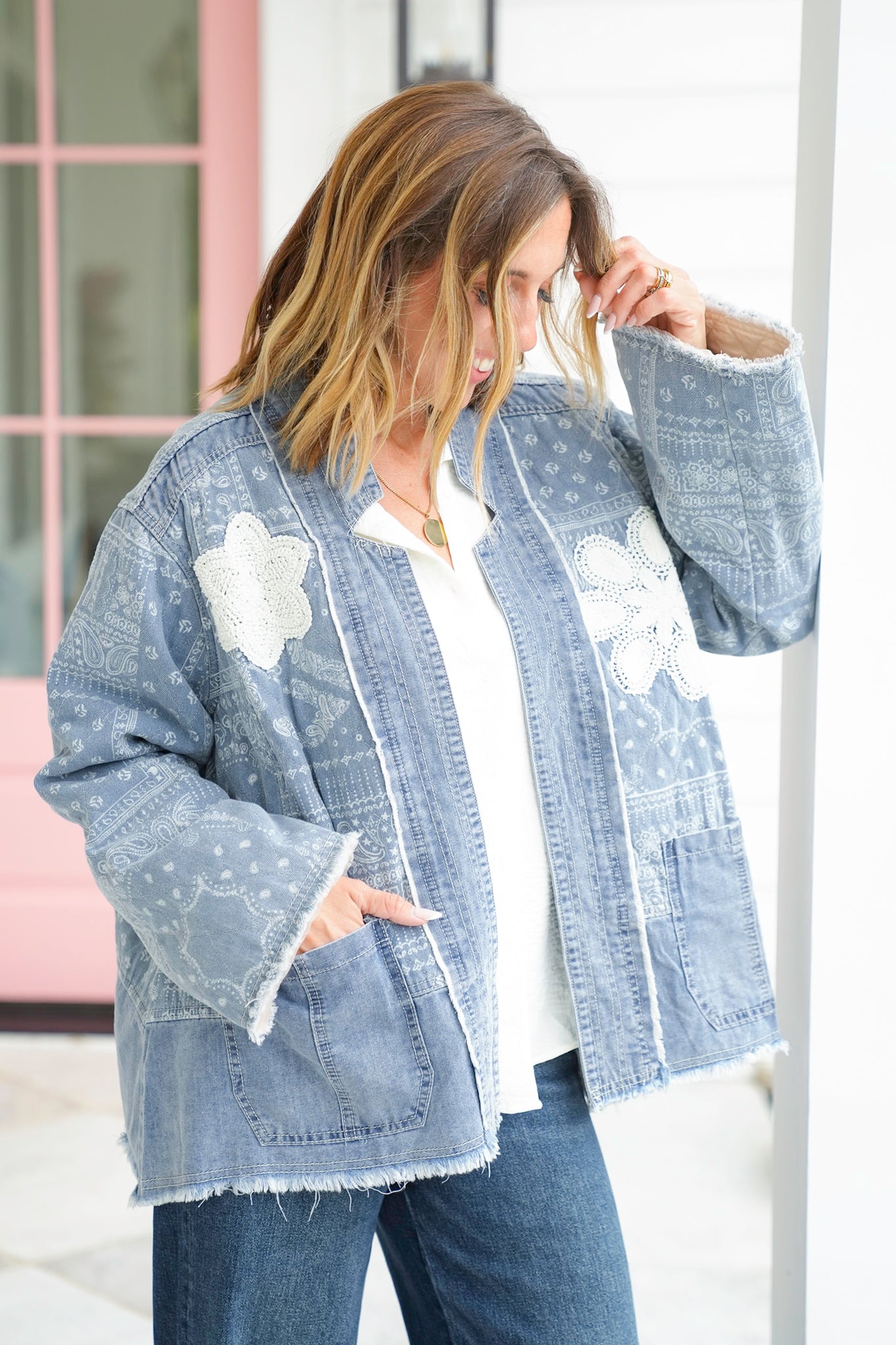 POL Paisley Print Long Sleeve Jacket with Patch Detail