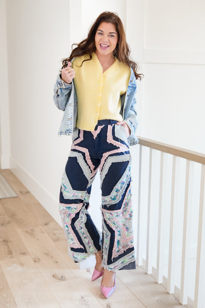 High Waist Frayed Star Patch Pants