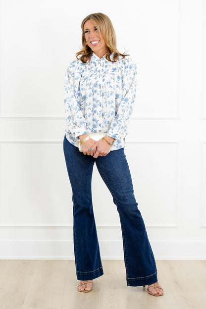 Plus/Reg Floral Print Long Sleeve Button Down Top