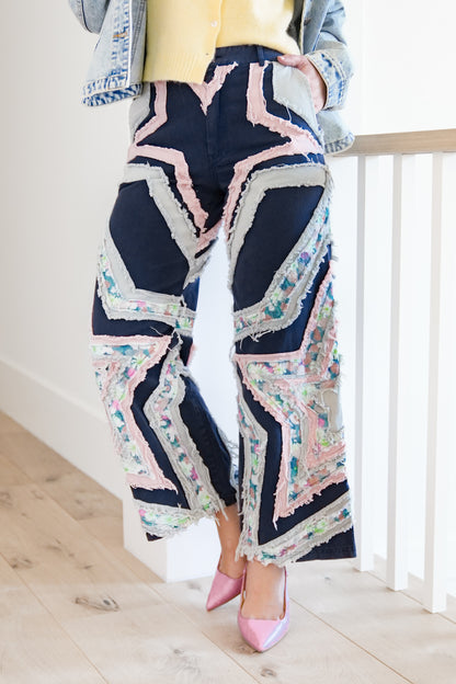 High Waist Frayed Star Patch Pants