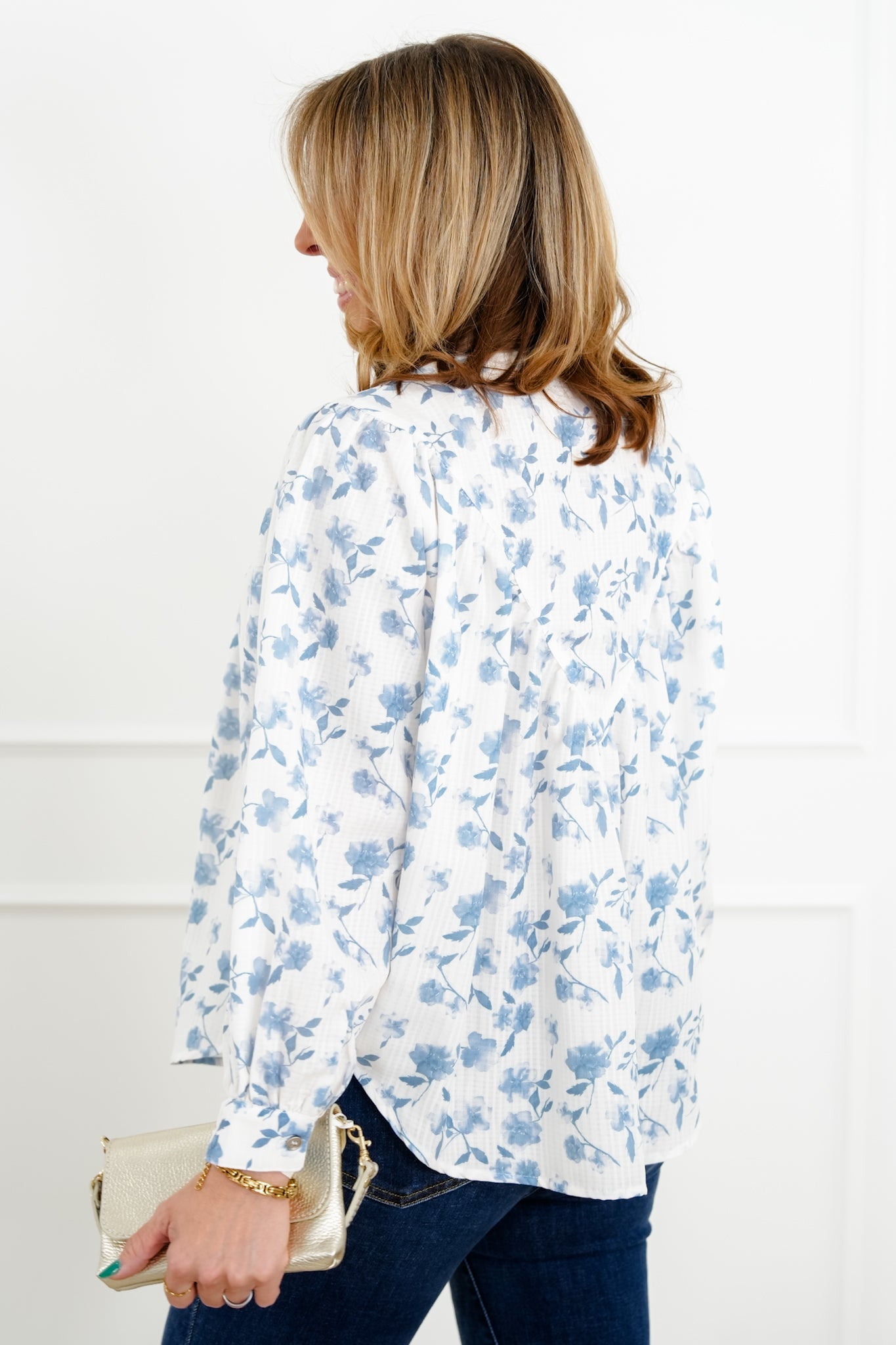 Plus/Reg Floral Print Long Sleeve Button Down Top