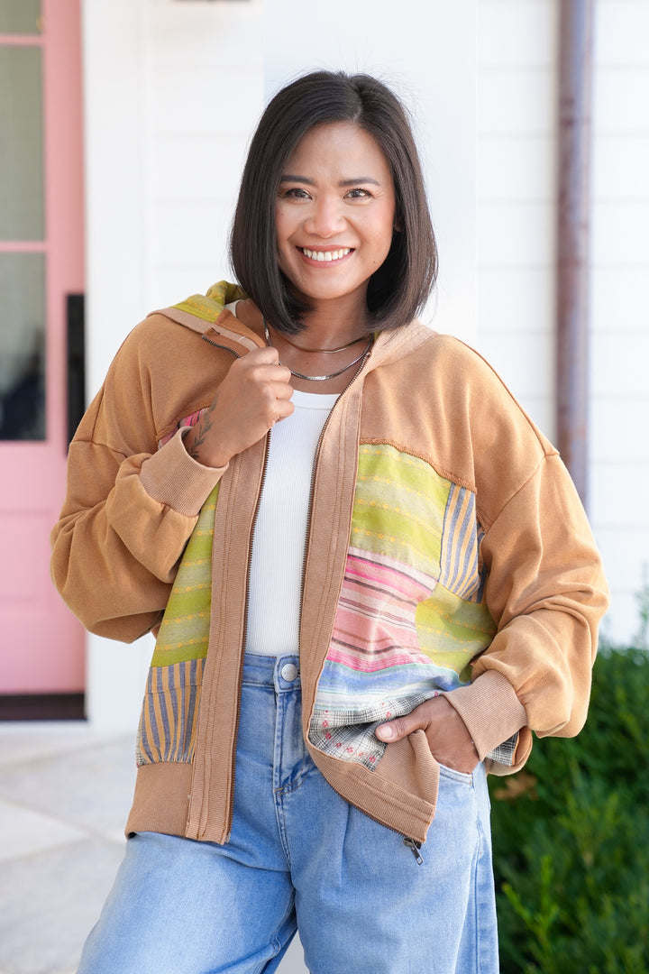 Color Block Long Sleeve Zip Up  Hoodie