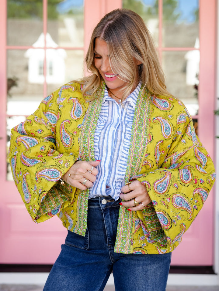POL Quilted Paisley Print Woven Padded Kimono Jacket - Freckled Poppy