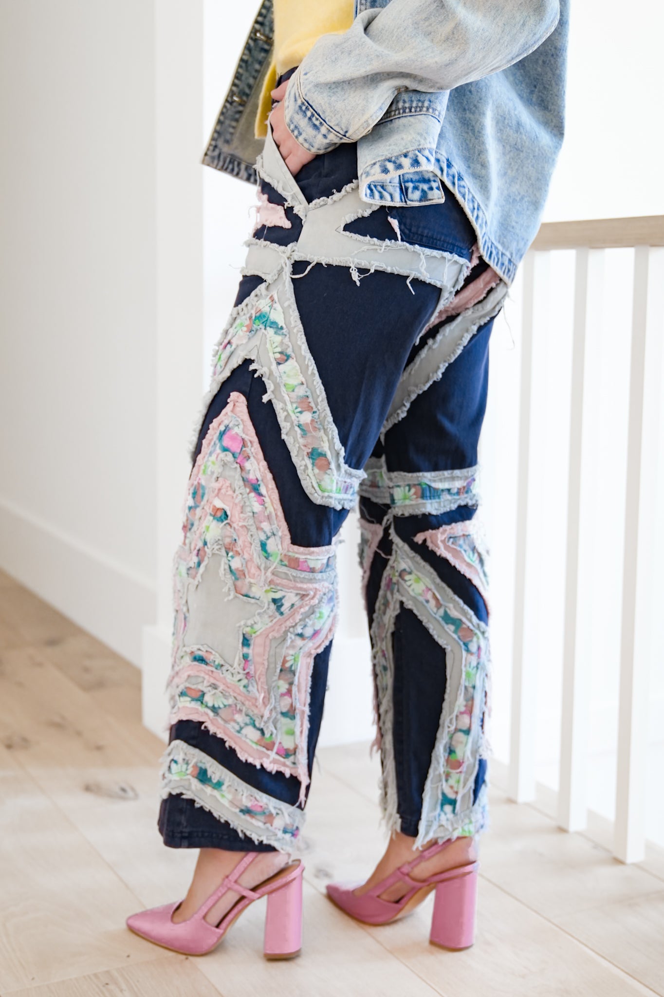 High Waist Frayed Star Patch Pants