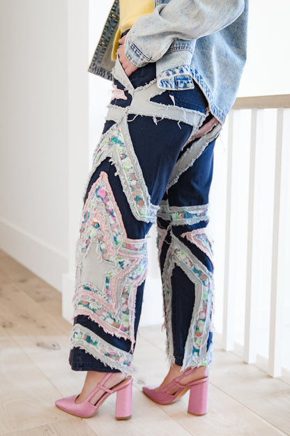 High Waist Frayed Star Patch Pants