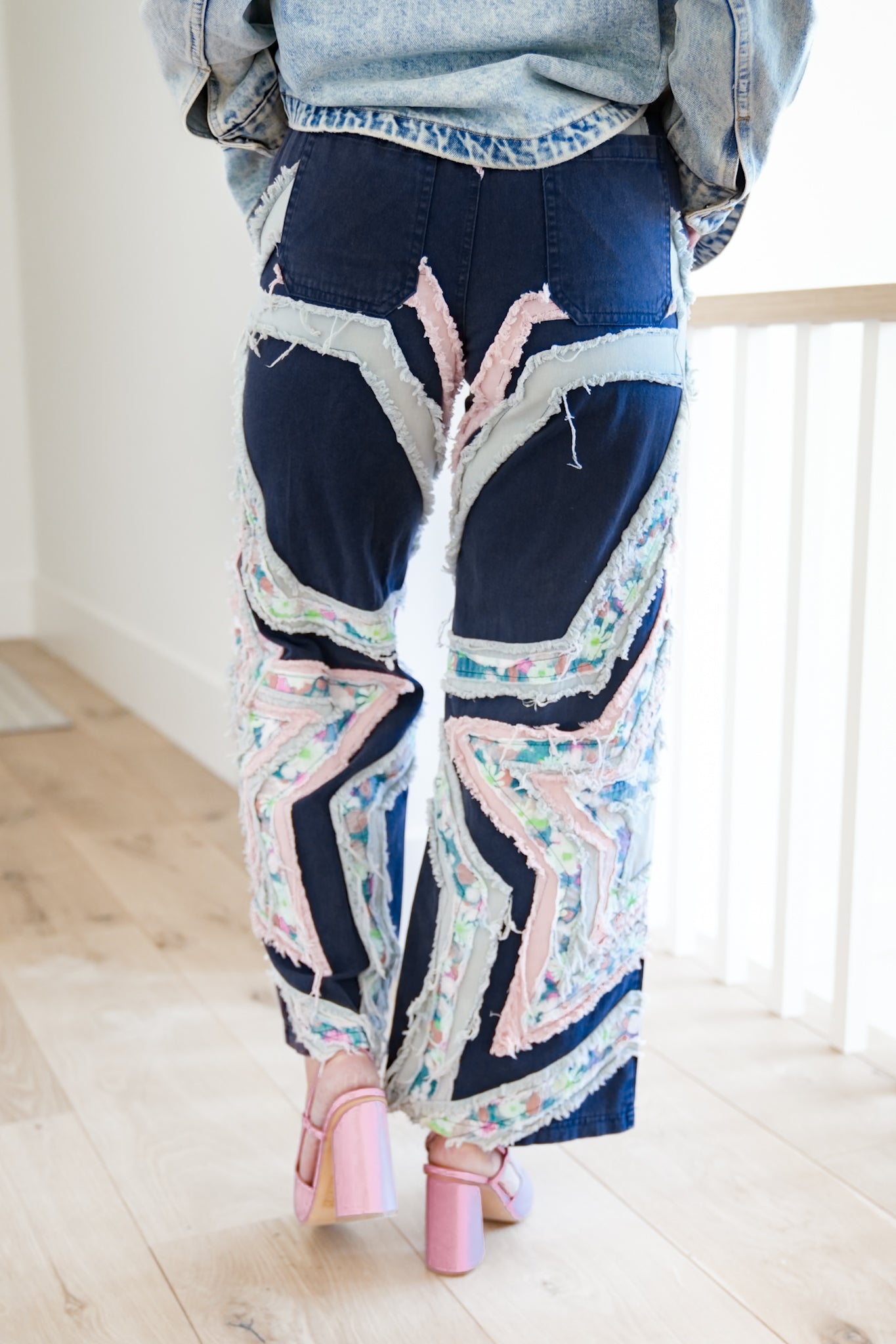 High Waist Frayed Star Patch Pants