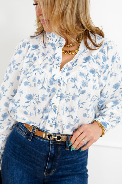 Plus/Reg Floral Print Long Sleeve Button Down Top