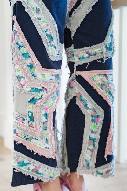 High Waist Frayed Star Patch Pants