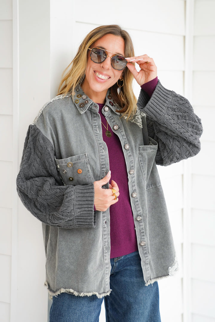 POL Mineral Wash Long Sleeve Button Up Jacket