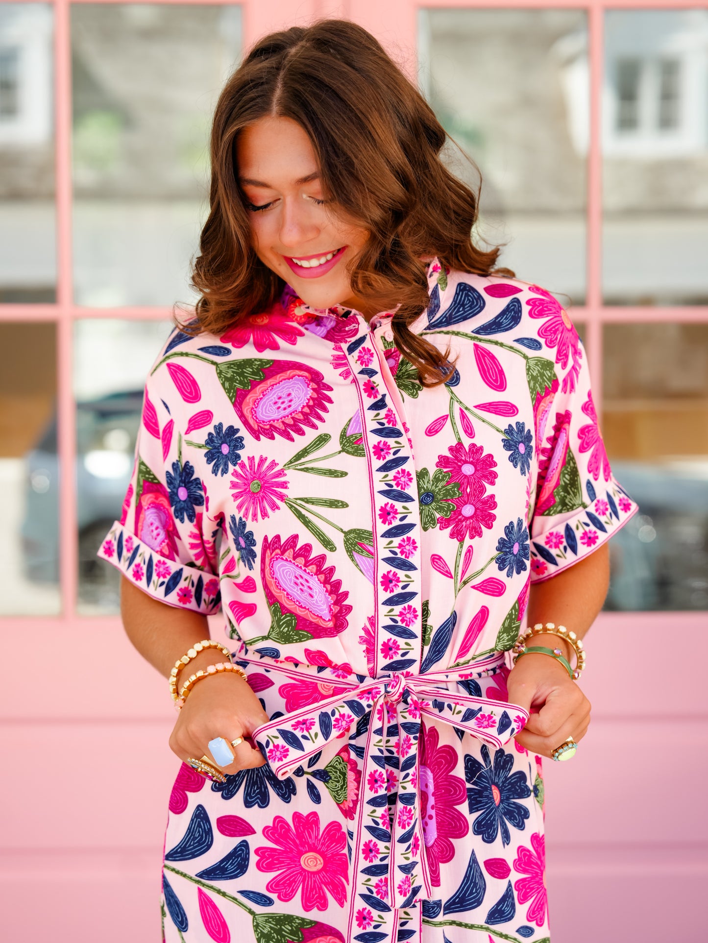 Floral Print Short Sleeve Belted Midi Dress