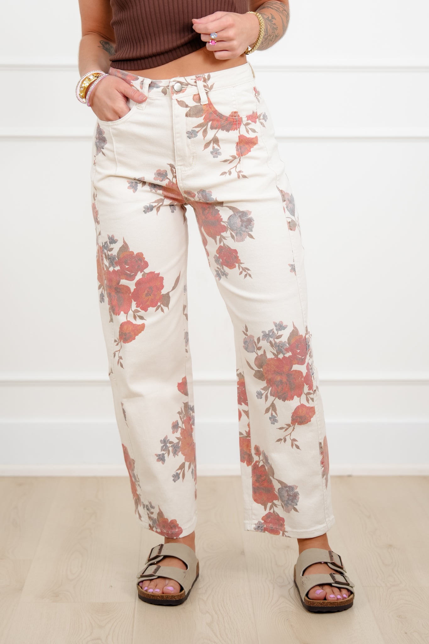 Floral Print Twill High Rise Barrel Pants