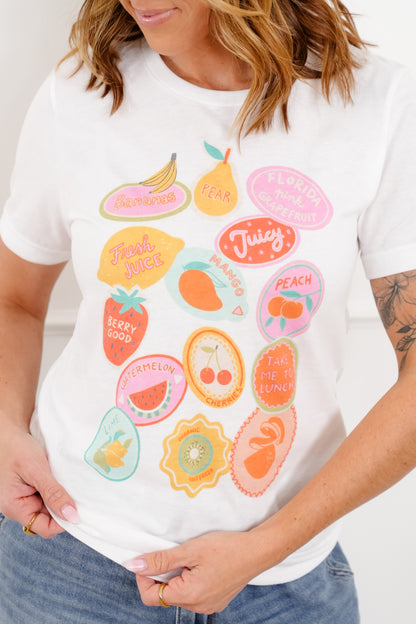 Plus/Reg Short Sleeve Fruit Stickers Graphic Tee
