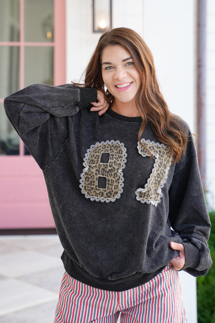 Long Sleeve Pullover with "87" Leopard Patch