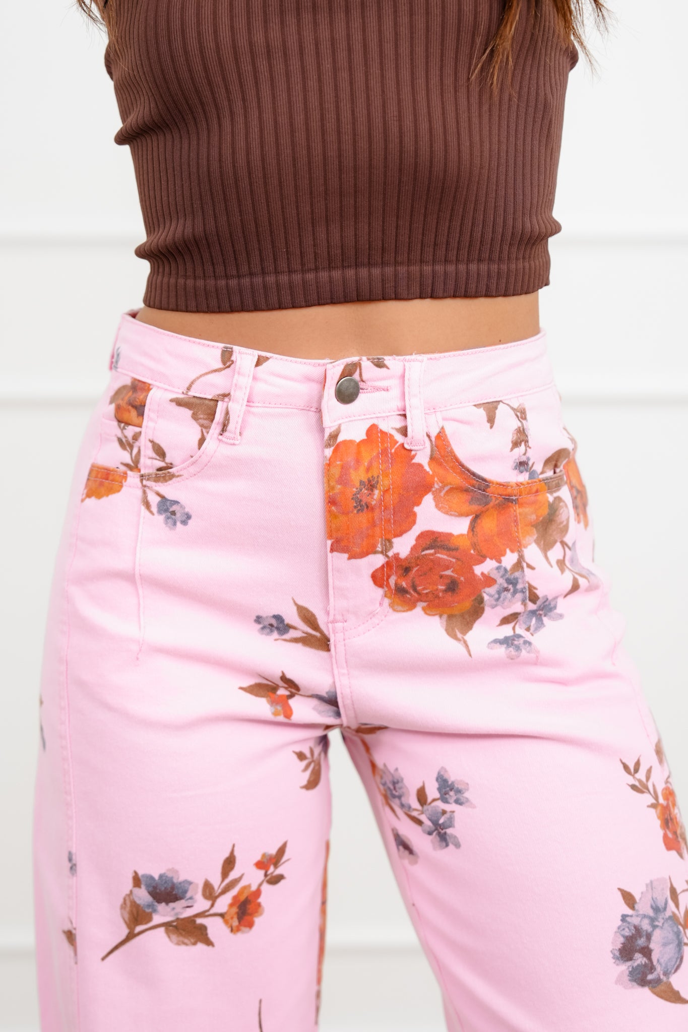 Floral Print Twill High Rise Barrel Pants