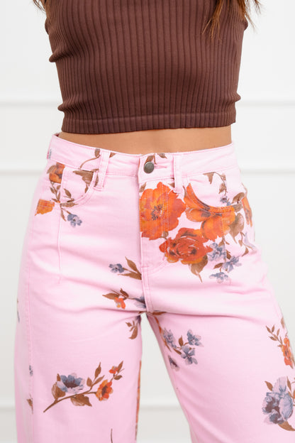Floral Print Twill High Rise Barrel Pants