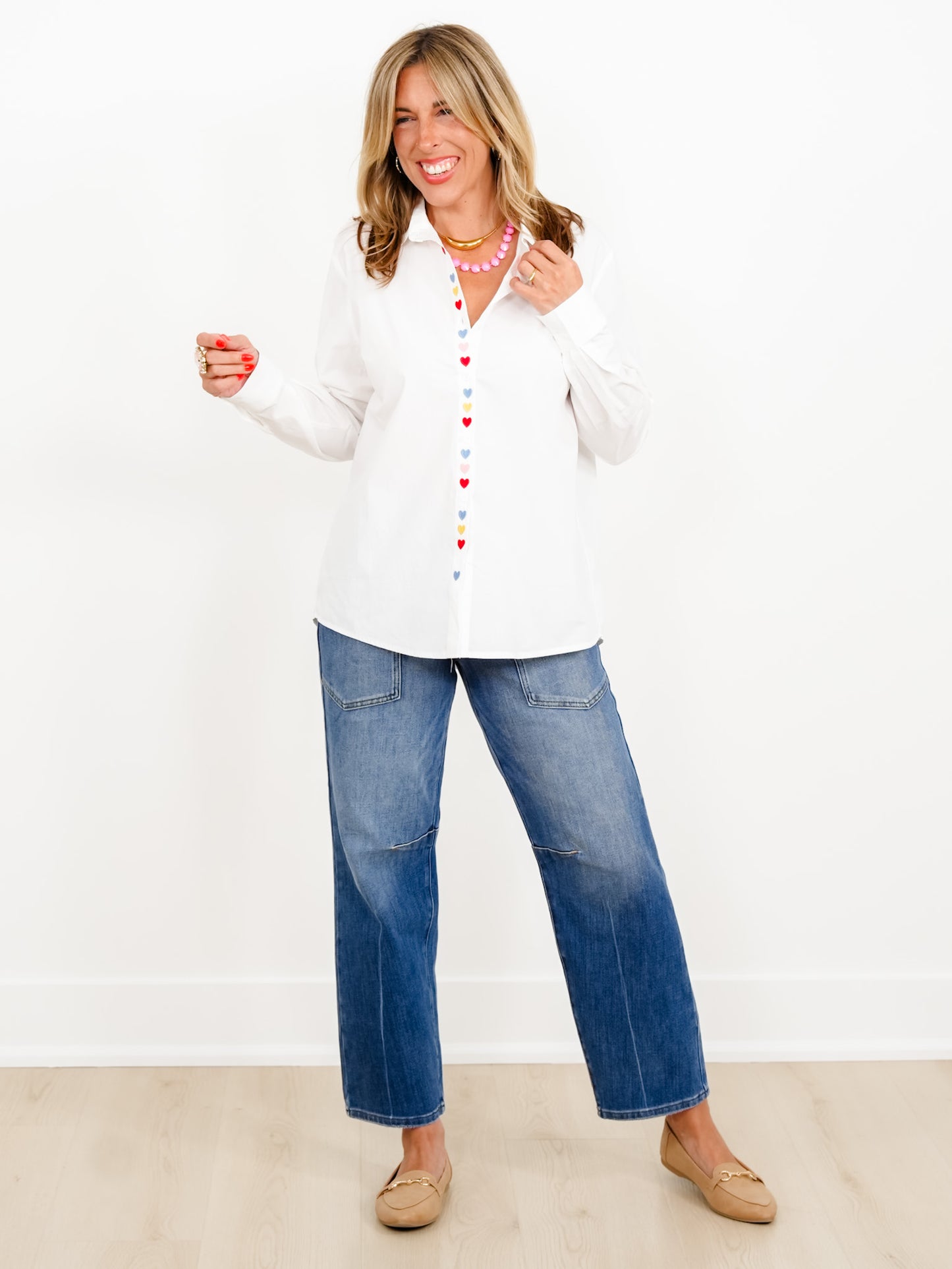 White Long Sleeve Button Down Top With Heart Accents