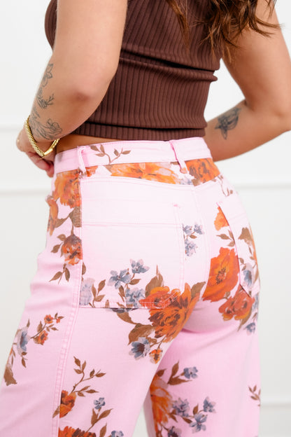 Floral Print Twill High Rise Barrel Pants