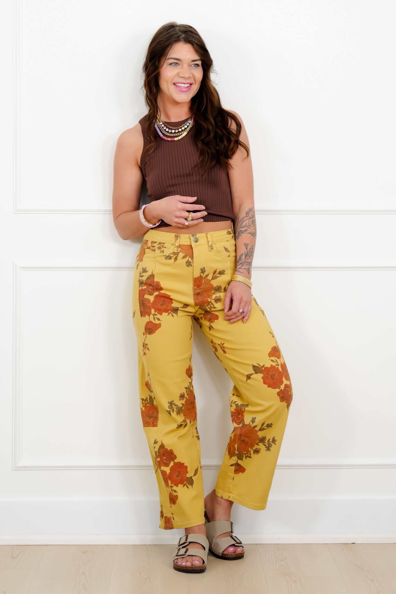 Floral Print Twill High Rise Barrel Pants