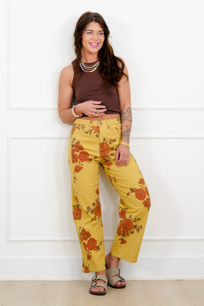 Floral Print Twill High Rise Barrel Pants