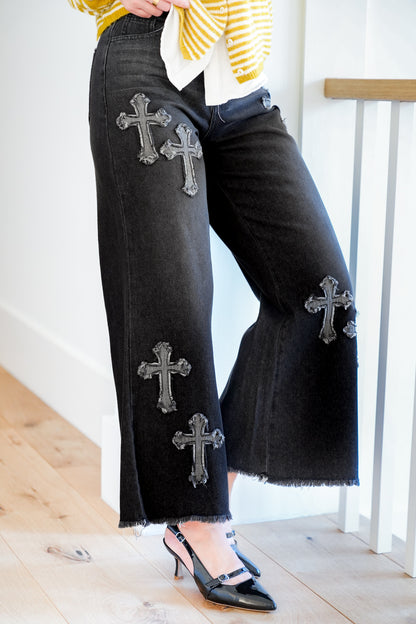 Plus/Reg Black Denim High Waist Jeans with Cross Patches