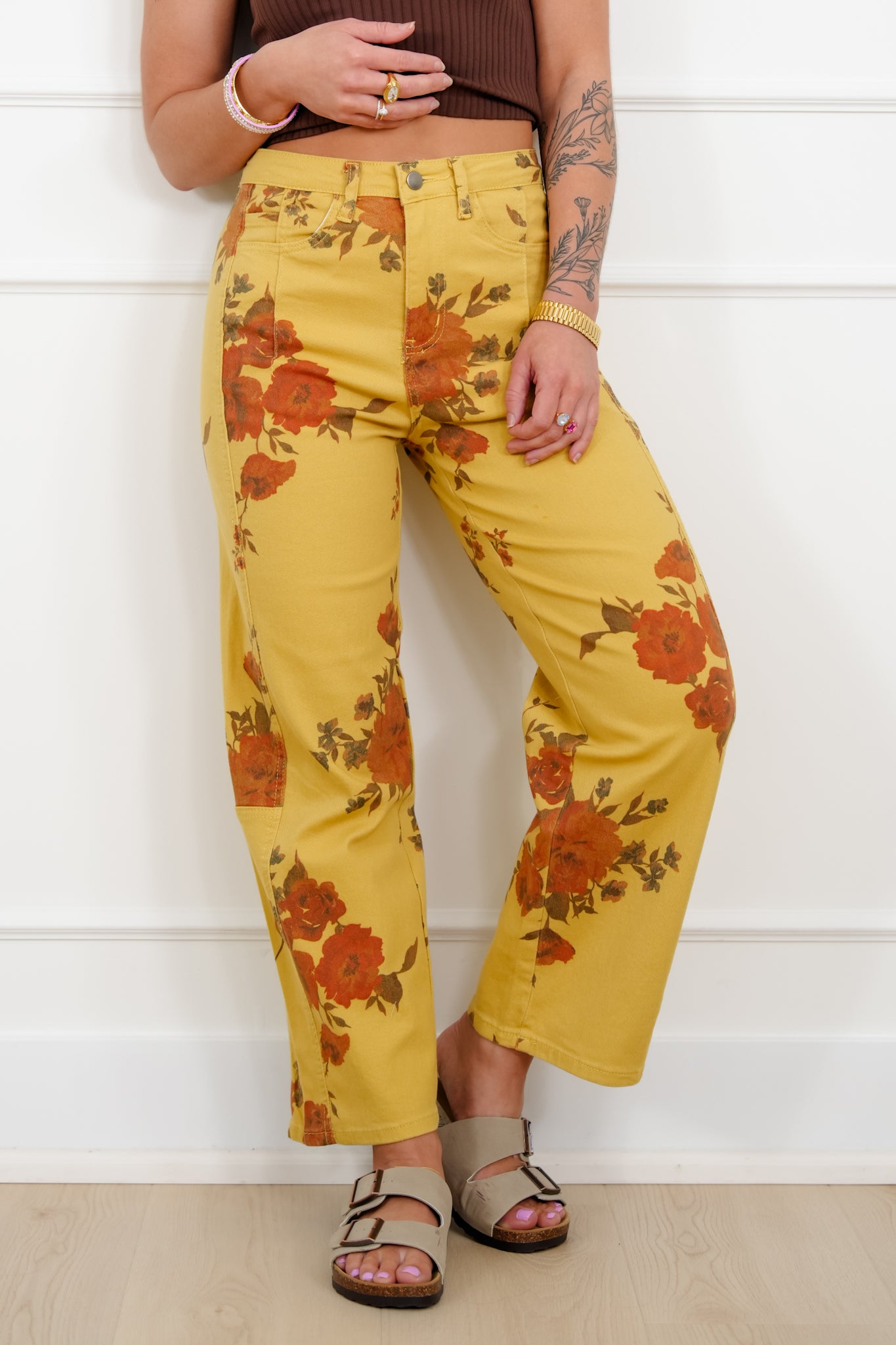 Floral Print Twill High Rise Barrel Pants