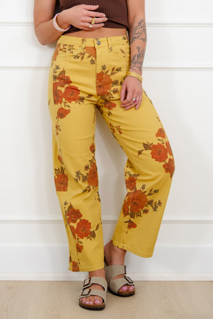 Floral Print Twill High Rise Barrel Pants