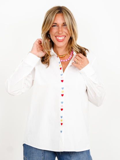 White Long Sleeve Button Down Top With Heart Accents