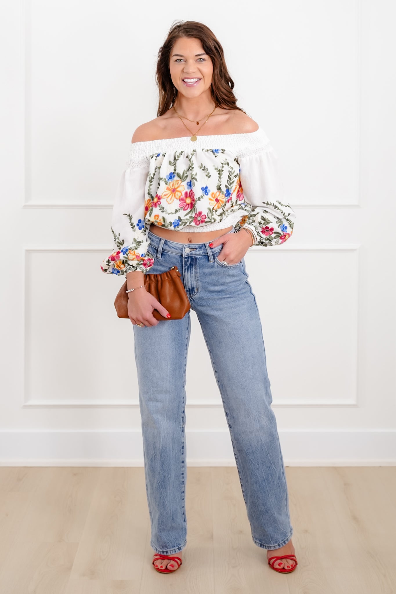 Floral Embroidered Long Sleeve Off Shoulder Crop Top