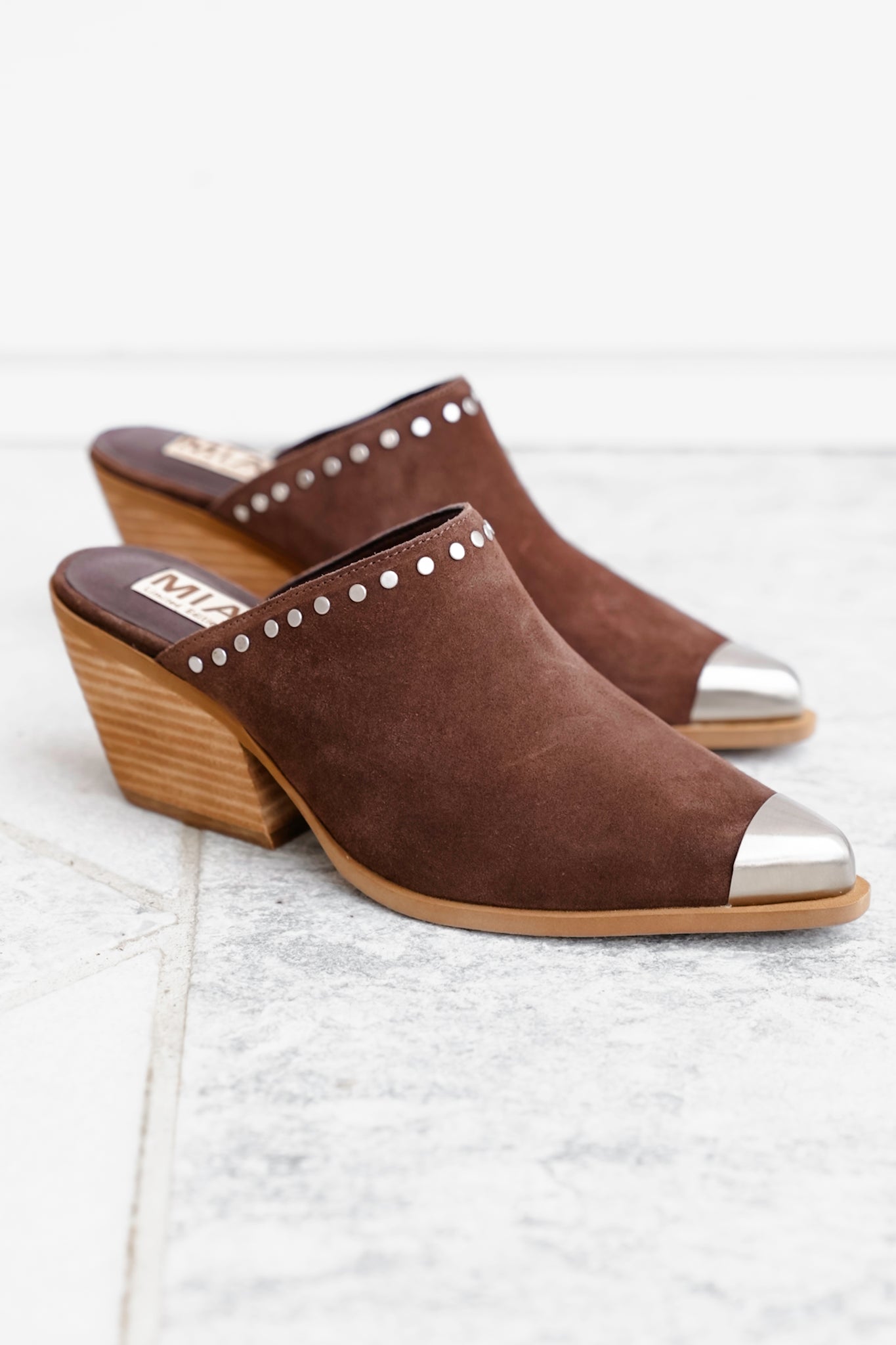 MIA Studded Suede Block Heel Mules with Metal Cap Toe